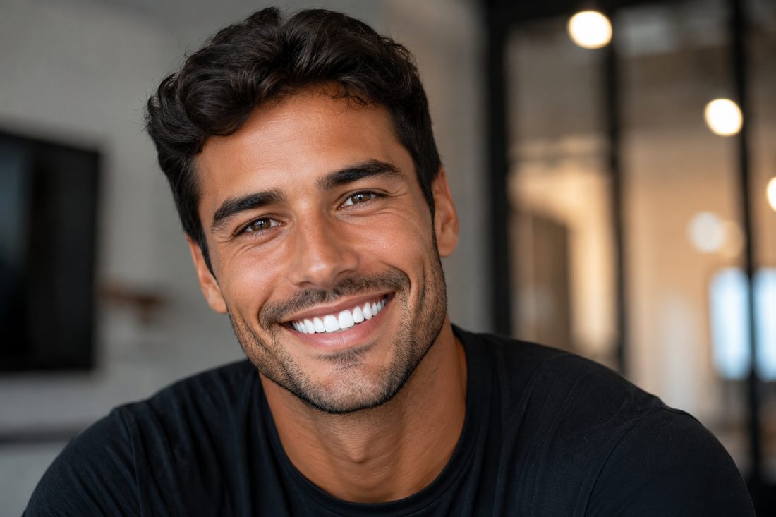Patient smiling with bright porcelain veneers